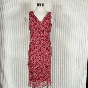 Vtg Robbie Bee sleeveless silk red floral cocktail midi dress fruffled trim 10